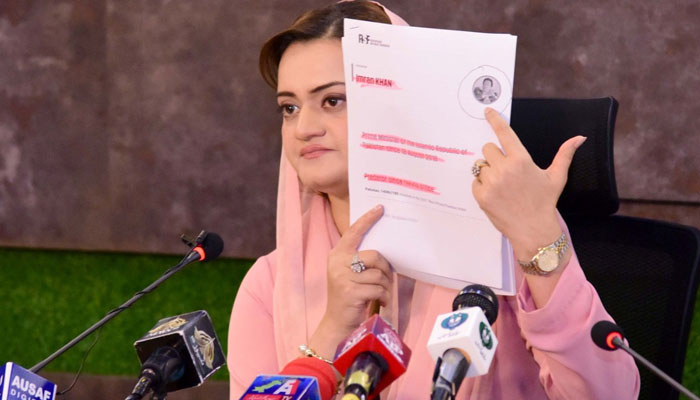 Info Minister Marriyum Aurangzeb addressing a press conference in Islamabad on July 16, 2022. Photo: PID