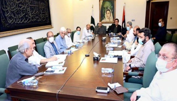 The PPPs CEC meeting being co-chaired by President PPP Parliamentarians Asif Ali Zardari and PPP Chairman Bilawal Bhutto Zardari on July 18, 2022. Photo: Twitter