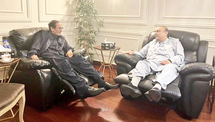 PPPP Chairman Asif Ali Zardari called on PMLQ chief Chaudhry Shujaat Hussain in Lahore on July 21, 2022. Photo: Twitter