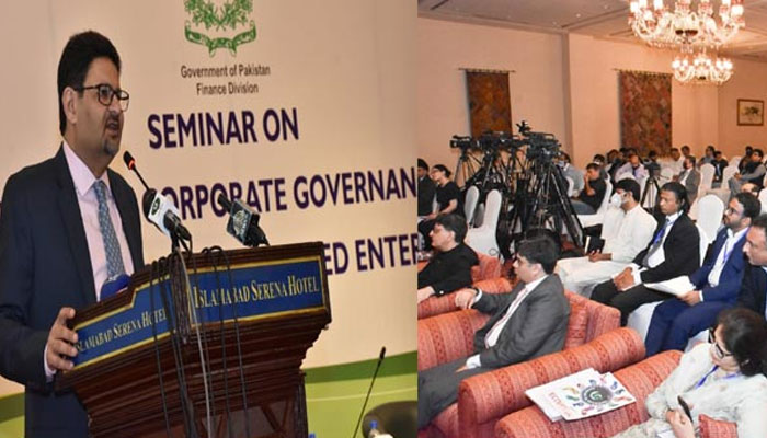 Miftah Ismail addressing a seminar on improving governance and performance of SOEs organised by the Ministry of Finance in Islamabad on July 27, 2022. Photo:PID