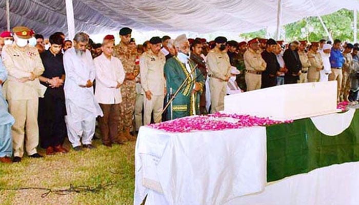 Prime Minister Shehbaz Sharif attending the funeral of martyrs of Balochistan helicopter incident.— APP