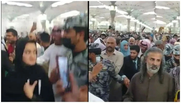Picture collage of ministers Marriyum Aurangzeb (left) and Shahzain Bugti during a visit to Masjid-e-Nabawi (PBUH) in Madinah. &mdash; Screengrab from a video shared by Fawad Chaudhry on Twitter