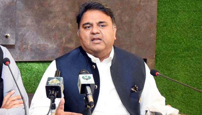 Information and Law Minister Fawad Chaudhry speaking during a press conference on March 29. Photo—PID