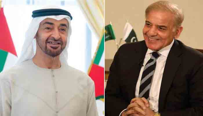 UAE President Sheikh Mohamed bin Zayed Al Nahyan (L) and Prime Minister Shehbaz Sharif. Photo file