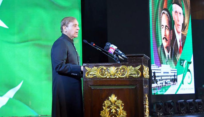 Prime Minister Shehbaz Sharif addressing a national flag-hoisting ceremony. &mdash;PID