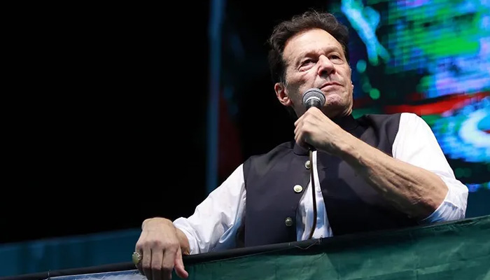 Former prime minister Imran Khan addresses a rally in Lahore on August 13. Photo courtesy PTI Instagram