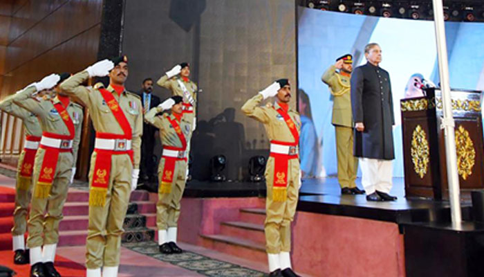 Prime Minister Shehbaz Sharif unveils newly re-recorded national anthem at the at Jinnah Convention center in Islamabad. —PID