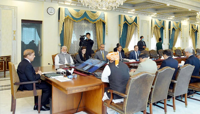 Prime Minister Shehbaz Sharif presiding meeting of Relief Coordination Committee.&mdash;PID