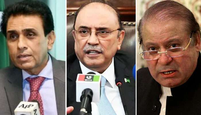 MQM-P leader Khalid Maqbool (L) PPP chairman Asif Zardari and PML-N supremo Nawaz Sharif.