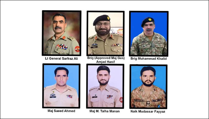 Image collage showing the six Pakistan Army personnel who embraced martyrdom during a helicopter crash in Balochistan. — ISPR