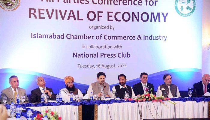 Federal Minister for Finance and Revenue Mr. Miftah Ismail addressing All Parties Conference for Revival of Economy. —APP