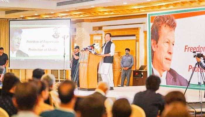 PTI chairperson Imran Khan addressing a seminar related to freedom of expression in Islamabad on August 18, 2022. — PTI Facebook