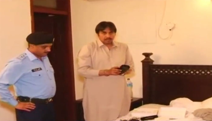Police raid Shahbaz Gills room in the Parliament Lodges. Screengrab