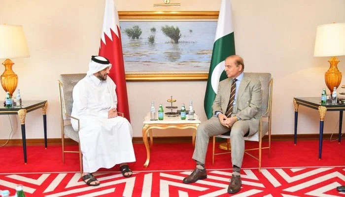 Prime Minister Shehbaz Sharif (right) meets an official from Qatar during his two-day visit to the Gulf State in Doha in this undated photo. — Prime Ministers Office
