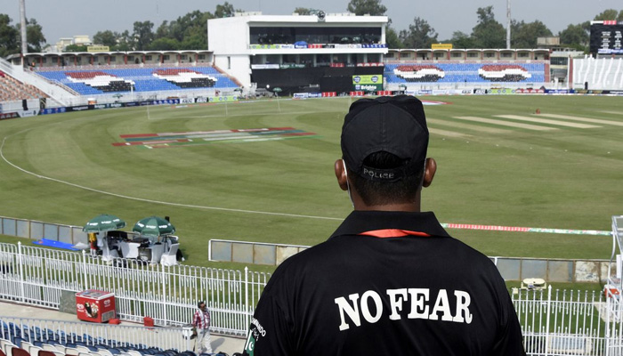 A member of the Police Elite Force stands guard at the Rawalpindi Cricket Stadium, after the New Zealand cricket team pulled out of a Pakistan cricket tour over security concerns, in Rawalpindi, Pakistan September 17, 2021. -Agencies