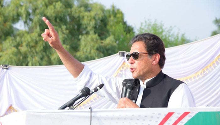 PTI Chairman Imran Khan speaking during a public gathering. —File photo