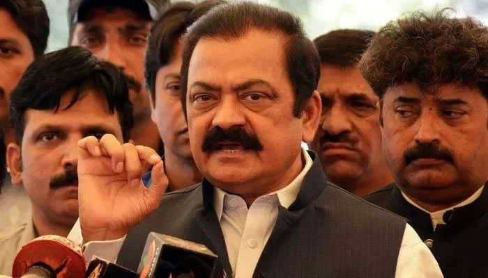 Interior minister Rana Sanaullah speaking to media in this undated file photo.