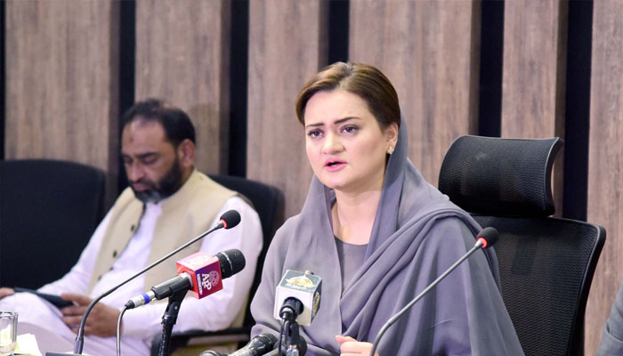 Minister for Information and Broadcasting Marriyum Aurangzeb during press conference. —PID