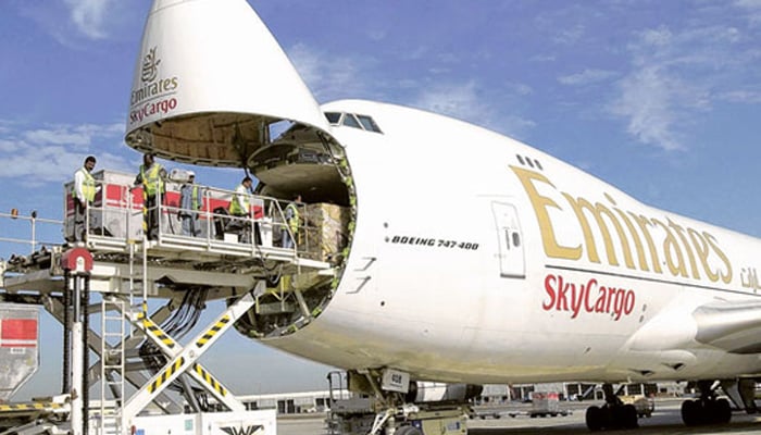 Emirates SkyCargo plane being loaded with cargo in this undated file photo.