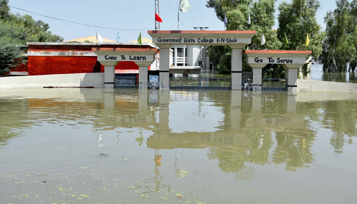 Khairpur Nathan Shah Girls College is seen submerged under floodwater on September 3, 2022. APP