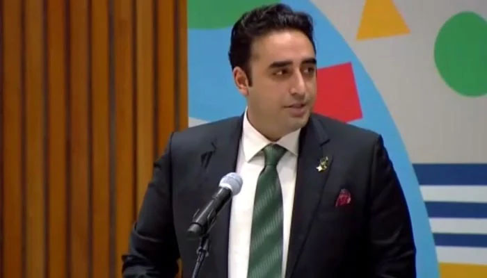 Foreign Minister Bilawal Bhutto-Zardari speaking during a high-level meeting at the 77th UNGA session in New York, the United States on September 21, 2022. — Twitter/screengrab