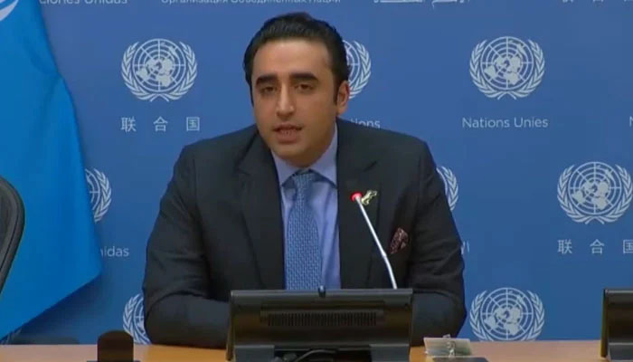 Bilawal addressing a press conference in New York on September 23, 2022. Screengrab of a Twitter video/MediaCellPPP