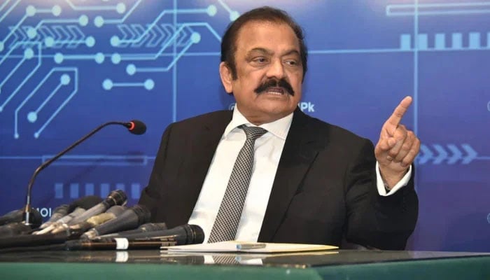 Minister for Interior Rana Sanaullah addressing a press conference in Islamabad. — PID/File