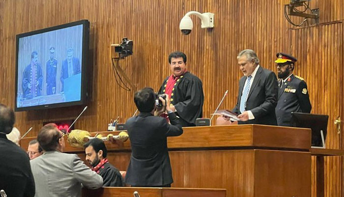 Ishaq Dar takes oath as senator amid opposition protests - Vimarsana News