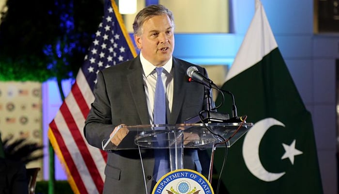 US Ambassador to Pakistan Donald Bloom addresses a ceremony in Islamabad to observe 75 years of diplomatic ties of the two countries. Courtesy US Embassy