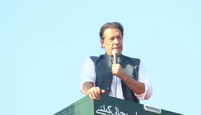 Imran Khan addressing a public gathering in Muzaffarabad on September 29, 2022. Twitter