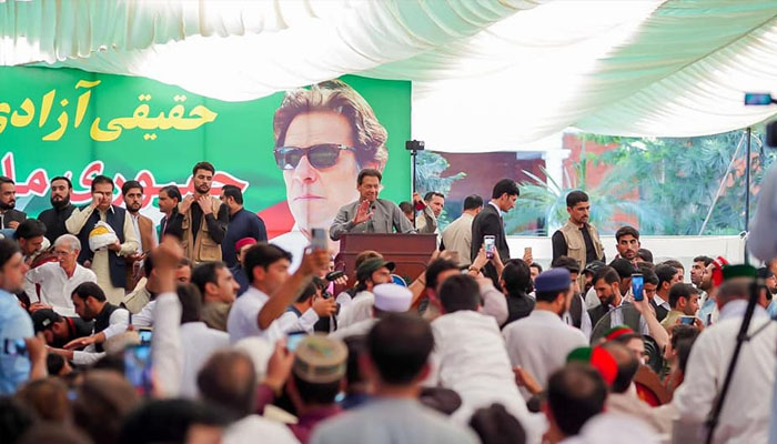 PTI Chairman Imran Khan while taking oath to workers. — Facebook PTI