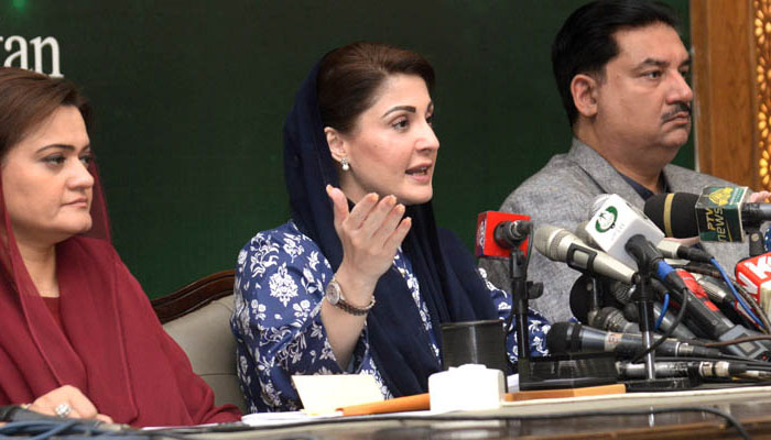 Information Minister Marriyum Aurangzeb (L)PML-N Vice President Maryam Nawaz and Federal minister Khurram Dastagir. —APP
