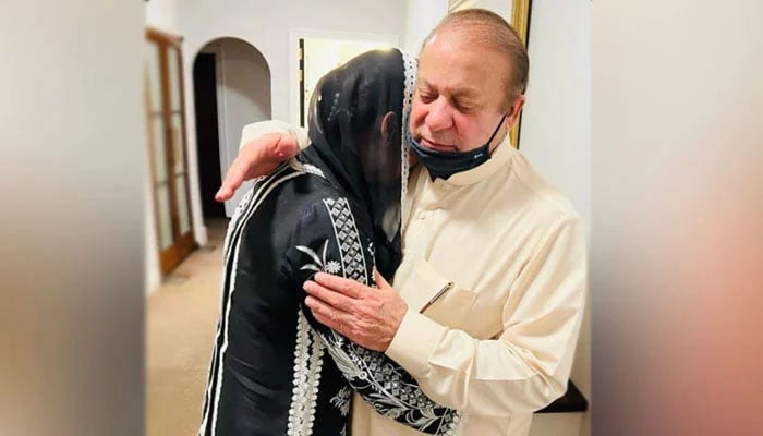 Maryam Nawaz meeting with her father after a gap of three years in London. — Twitter/PMLN