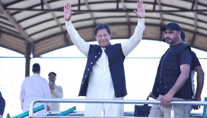 Prime Minister Imran Khan gestures during a PTI rally in Swat, on March 16, 2022. — Facebook/ImranKhanOfficial