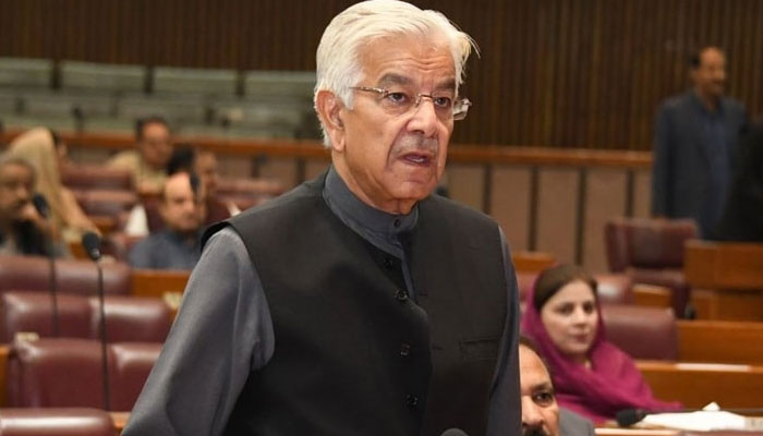 Defence Minister Khawaja Asif addressing the National Assembly. Twitter/NA