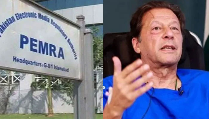 (Left) A name board outside the PEMRA office in Islamabad. PTI chief Imran Khan. The News/File