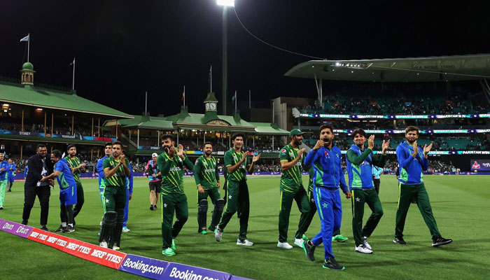 The Pakistan players rejoicing after the win in the first World Cup semifinal against New Zealand on Wednesday. Twitter/ 76Shadabkhan