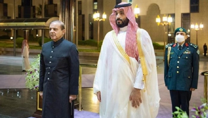 Prime Minister Shehbaz Sharif and Saudi Crown Prince Mohammed bin Salman are pictured after the former lands in the Kingdom on a three-day visit to the KSA on April 28. — APP