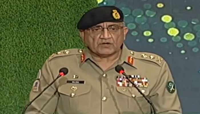 General Qamar Javed Bajwa was addressing the Defence and Martyrs Day ceremony at the General Headquarters in Rawalpindi on November 23, 2022. Screengrab of a Twitter video.