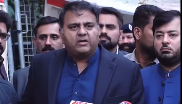 PTI leader Fawad Chaudhry talking to the media in Lahore on December 3, 2022. Screengrab of a Twitter video.