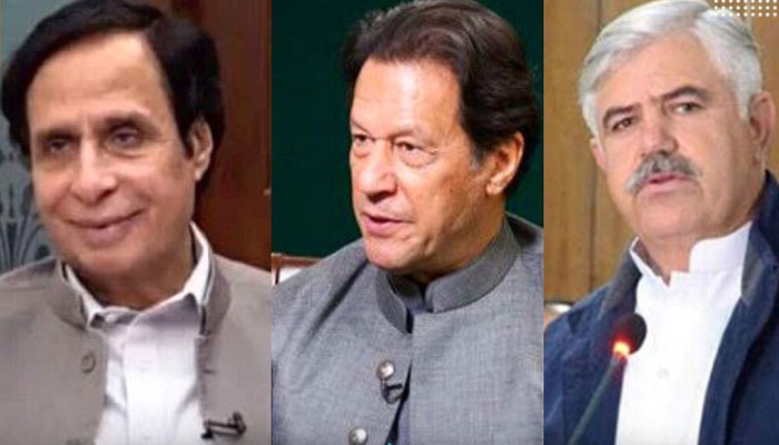 Punjab CM Parvez Elahi (Left), PTI Chief Imran Khan (Centre) and KP CM Mahmood Khan. The News/file