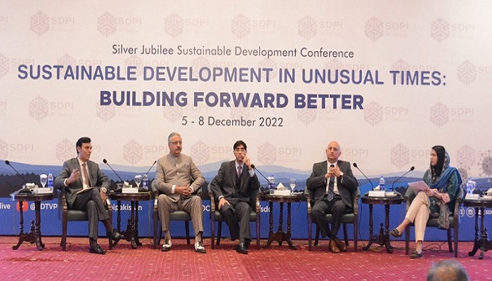 Speakers at a conference titled Geopolitical Conflicts: Implications for Pakistan’s Geo-economic on Monday. — Twitter/ @SDPIPakistan