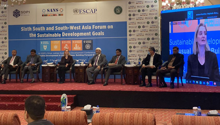 World Bank’s Director of Integration for South Asia Cecile Fruman addressing the Sustainable Development Policy Institute (SDPI) conference on December 6, 2022. Twitter/ SSWA_UNESCAP