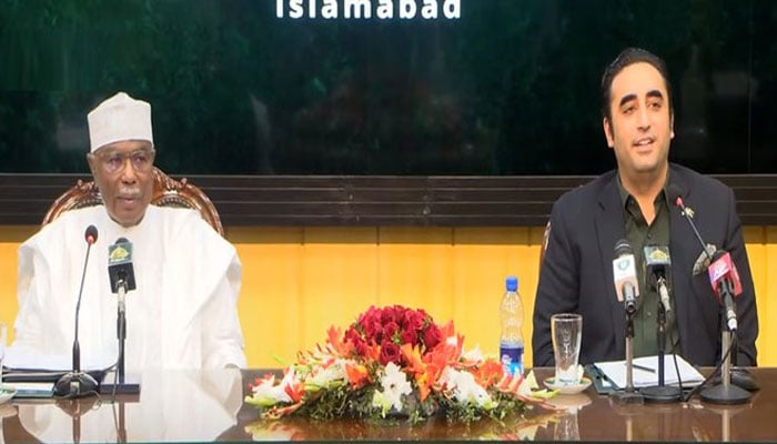 Foreign Minister Bilawal addressing a press conference in Islamabad along with with Secretary General of the Organisation of the Islamic Cooperation (OIC) Hissein Brahim Taha on December 10, 2022. Radio Pakistan