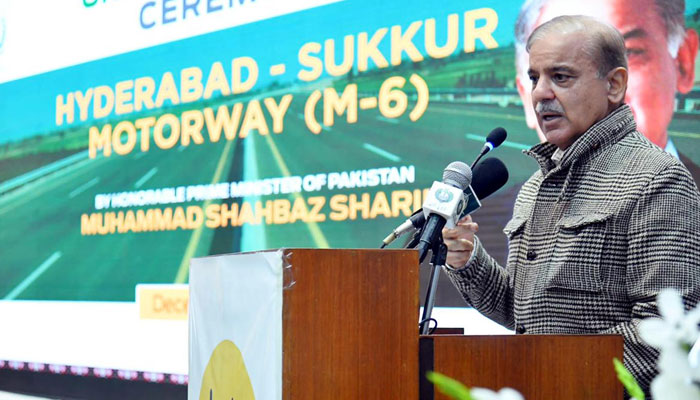 Prime Minister Shehbaz Sharif addressing the ground breaking ceremony of the much-awaited Sukkur to Hyderabad section of M6 Motorway project