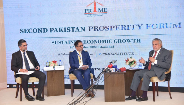 Minister for Finance Ishaq Dar addressing Second Pakistan Prosperity Forum, organised by the PRIME Institute, in collaboration with Fredrich Nauman Foundation on December 14, 2022. PID