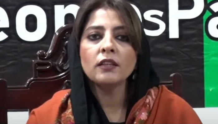 Pakistan Peoples Party Senator Palwasha Khan addressing a press conference on December 17, 2022. Screengrab of a YouTube video.