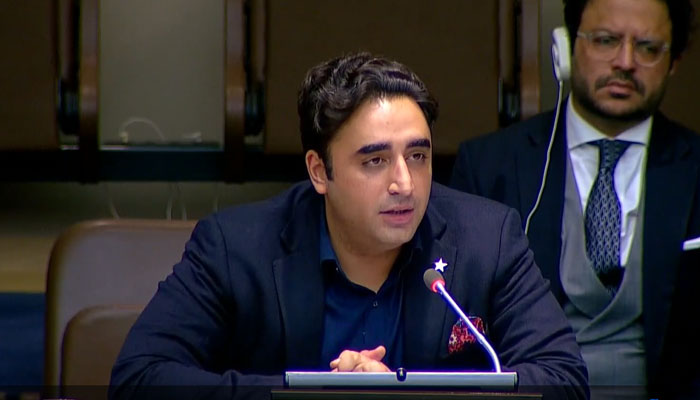 FM Bilawal addressing the concluding the G77 ministerial conference in New York on December 17, 2022. Screengrab of a UN video.