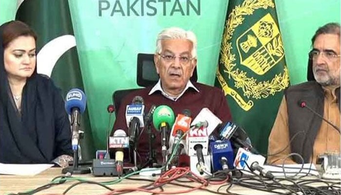 Federal Defence Minister Khawaja Asif addressing a press conference on December 20, 2022. Twitter