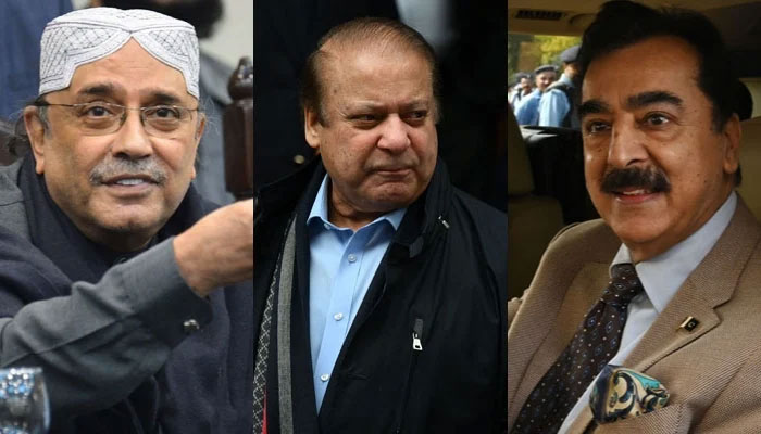 PPP leader Asif Ali Zardari (Left), PML-N Supremo Nawaz Sharif (Centre) and ex-PM Yousuf Raza Gilani. The News/File